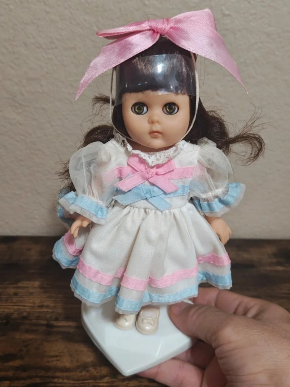 1980s Vogue Ginny Sleepy Eyes Doll in White, Pink & Blue Party Dress